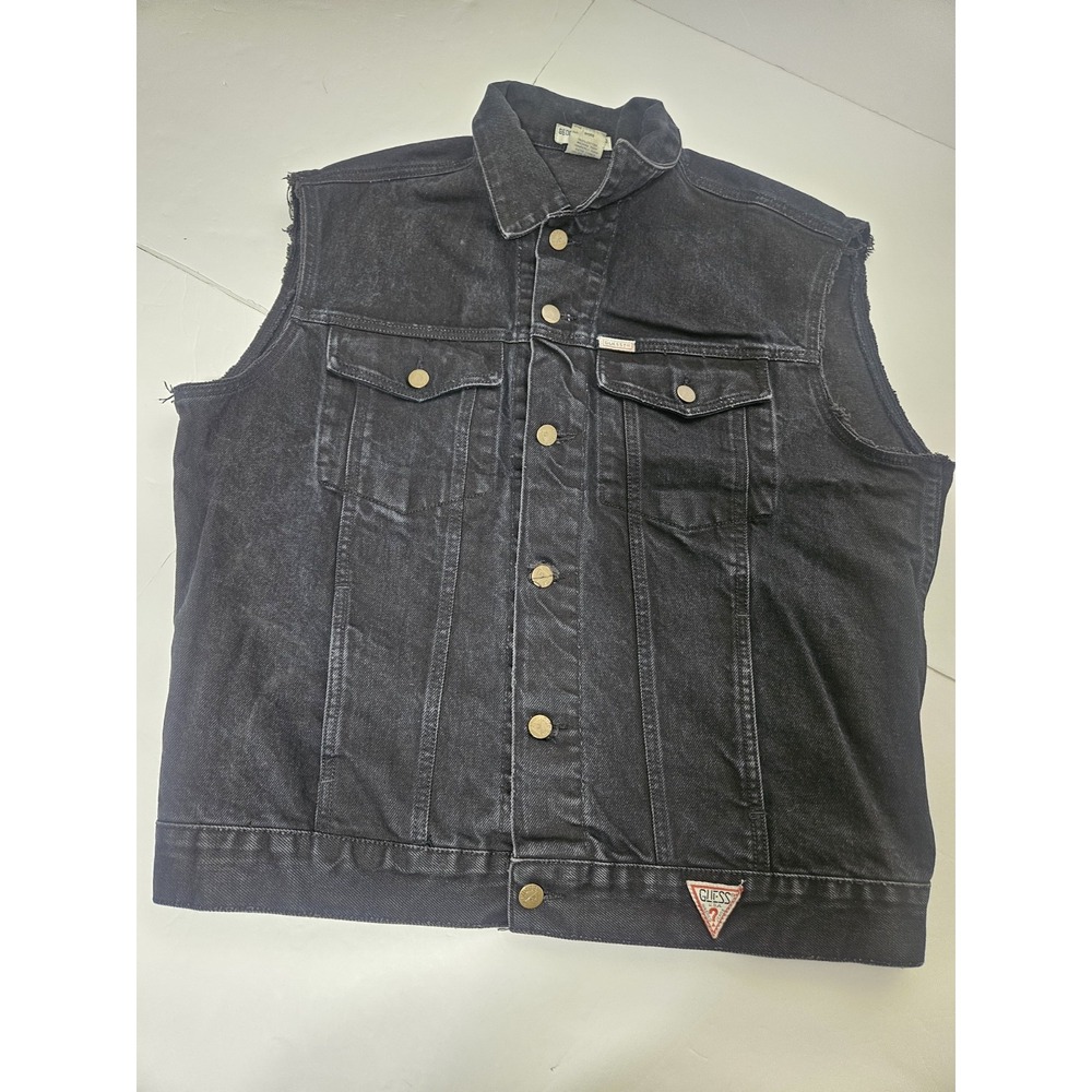 Guess Georges Marciano Black Cotton Denim Vest Made in USA Mens Large 90s Vintag